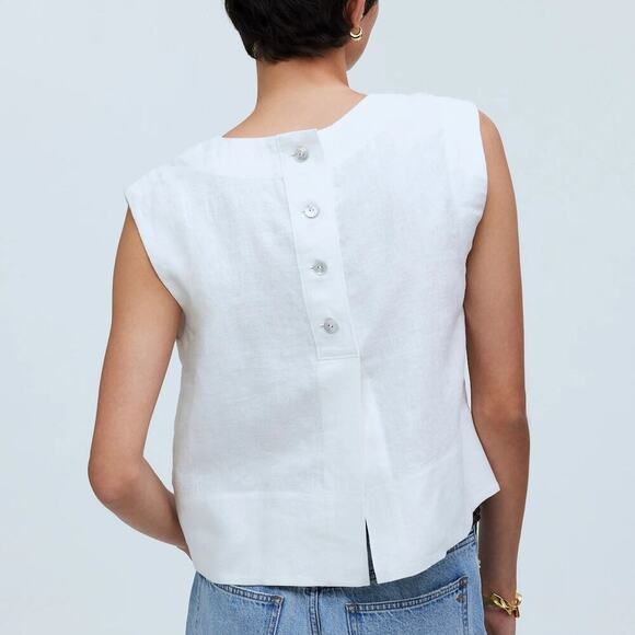 Madewell Bateau-Neck Tank 100% Linen Sleeveless Shell Top Eyelet White NWOT XXS - Picture 2 of 8